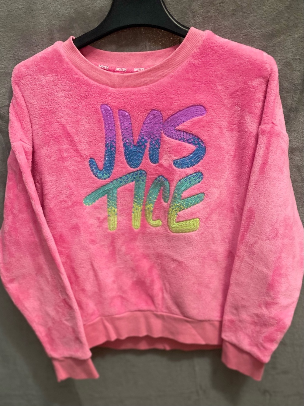 JUSTICE Girls XL 16/18 Pink Faux Fur Sweatshirt Sequin Logo Fleece Crewneck Cozy